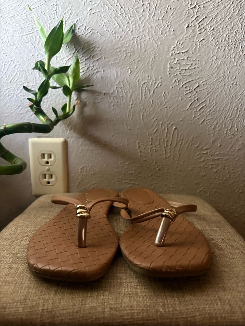 TOP Moda Tan Braided Thong Sandals with Gold Accent